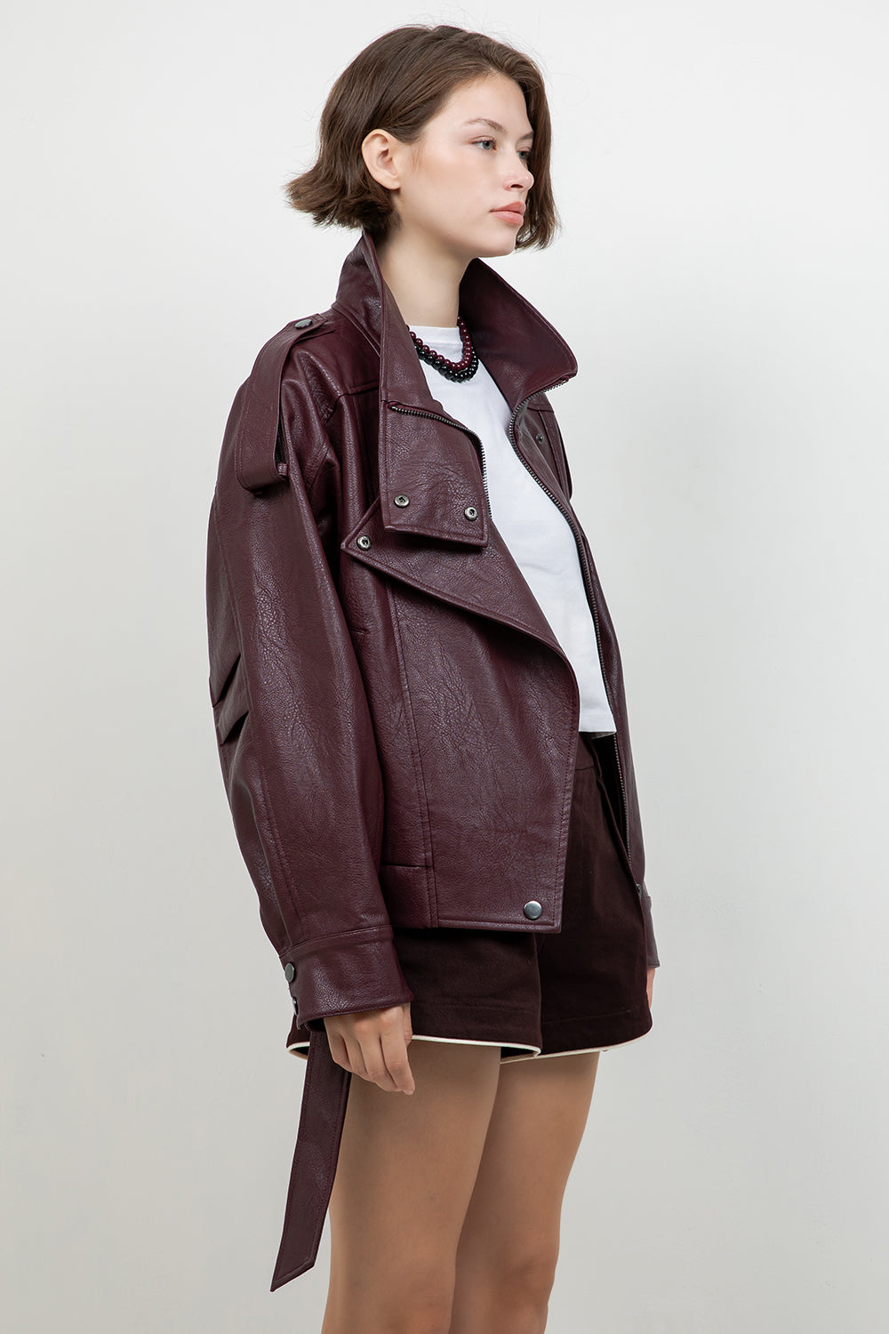 FAUX PU OVERSIZED LEATHER BOMBER JACKET
