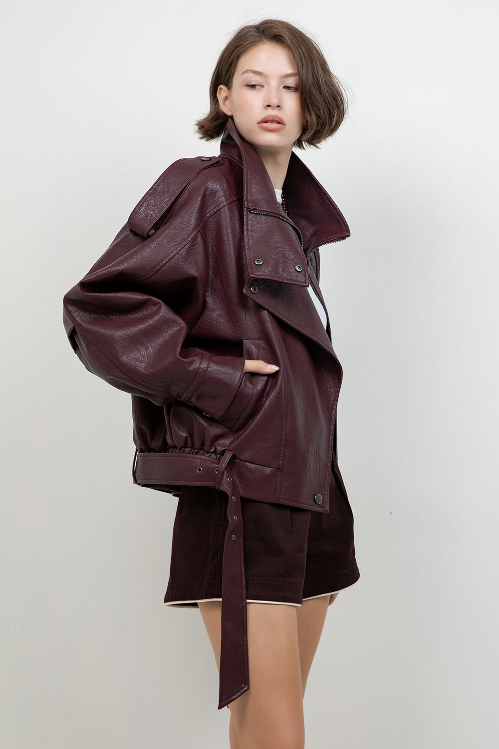 FAUX PU OVERSIZED LEATHER BOMBER JACKET