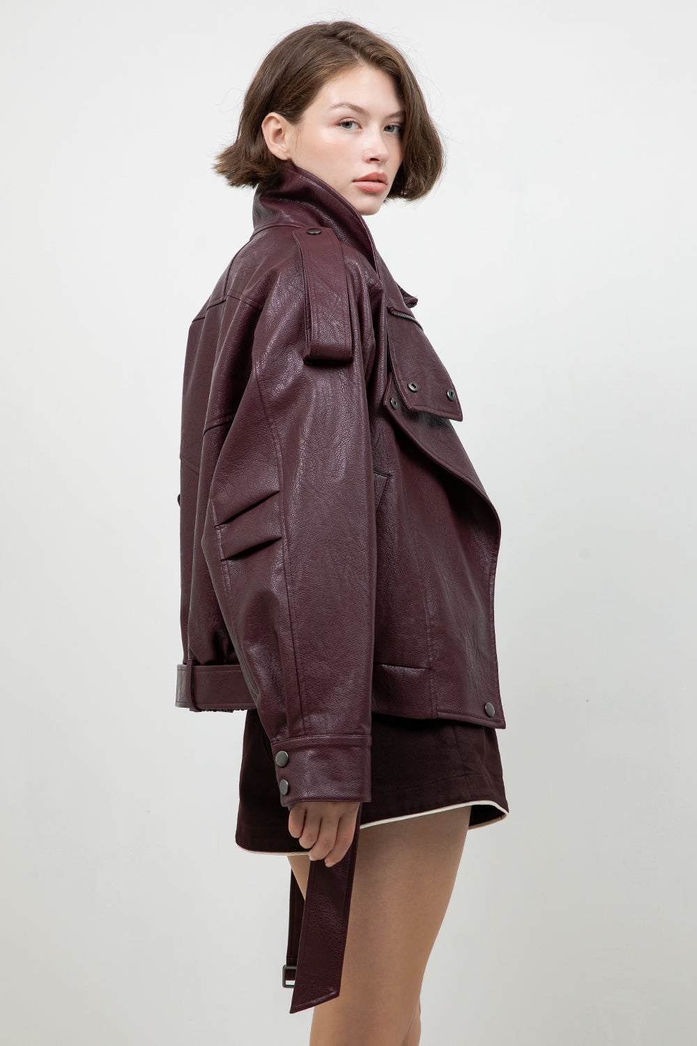 FAUX PU OVERSIZED LEATHER BOMBER JACKET