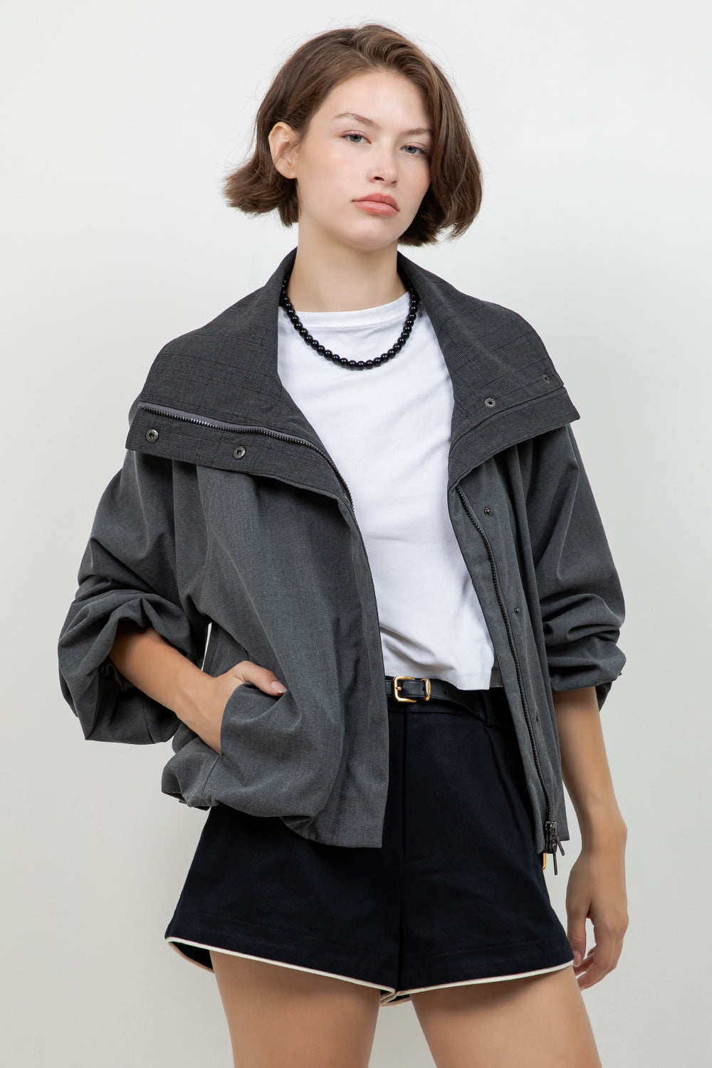 SOFT WOVEN FUNNEL NECK BOMBER JACKET