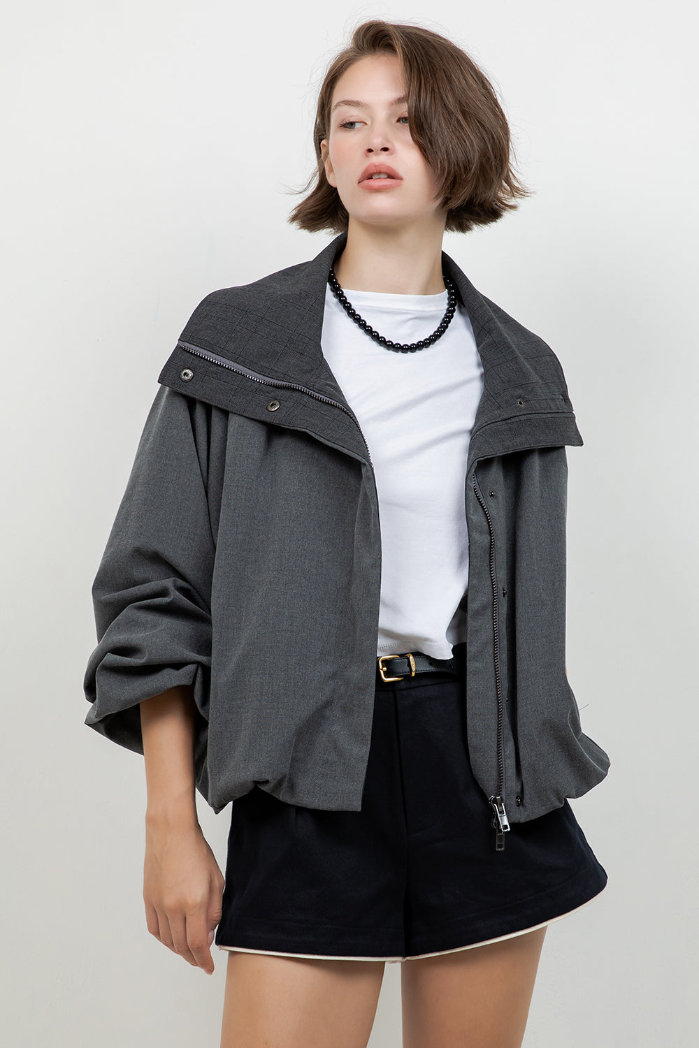 SOFT WOVEN FUNNEL NECK BOMBER JACKET