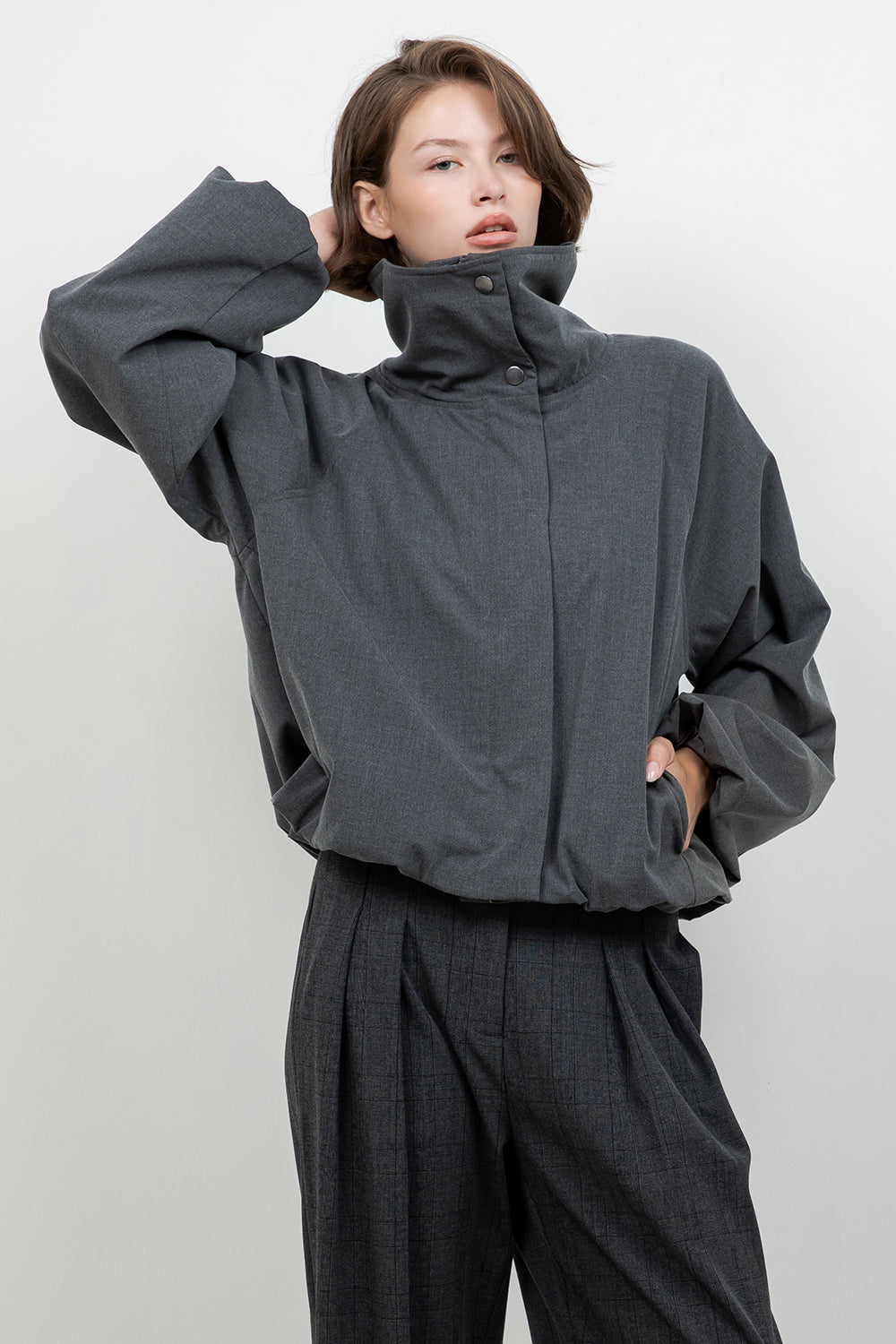 SOFT WOVEN FUNNEL NECK BOMBER JACKET
