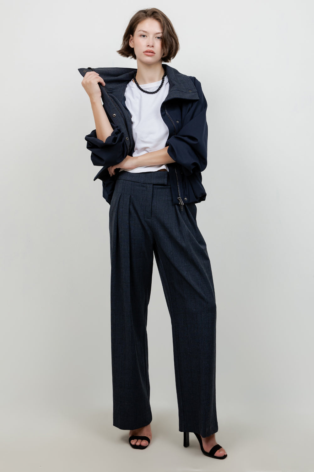 STRAIGHT LEG PLEATED PLAID PRINT TROUSERS