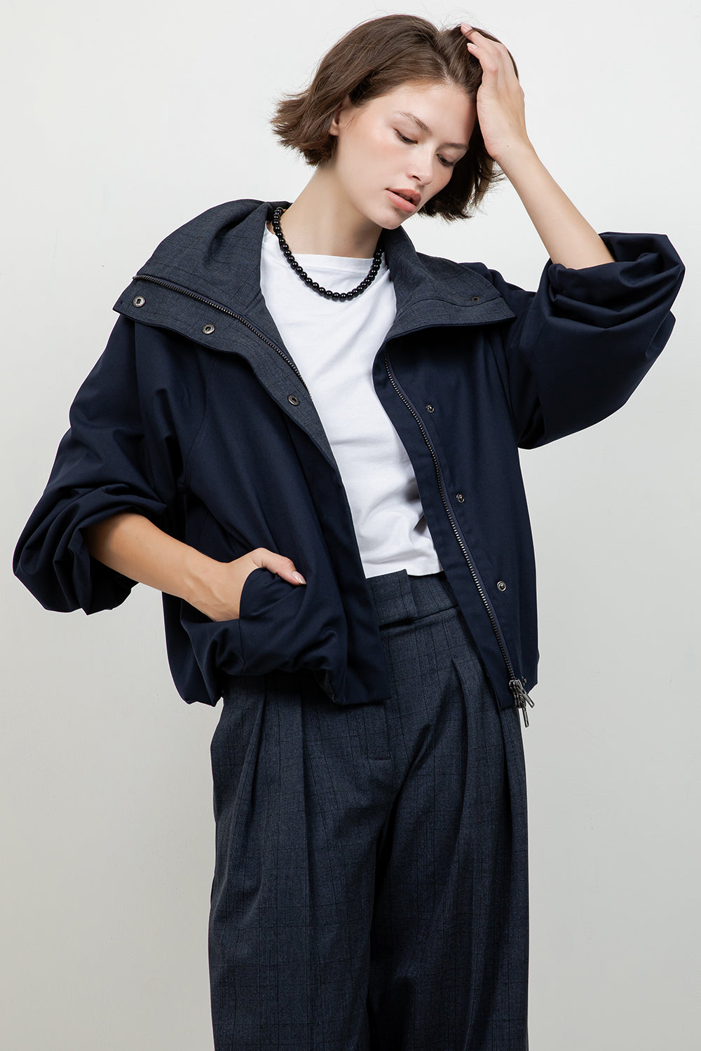 SOFT WOVEN FUNNEL NECK BOMBER JACKET