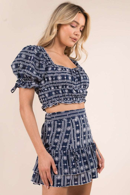 Eyelet Puff Sleeves Crop Top