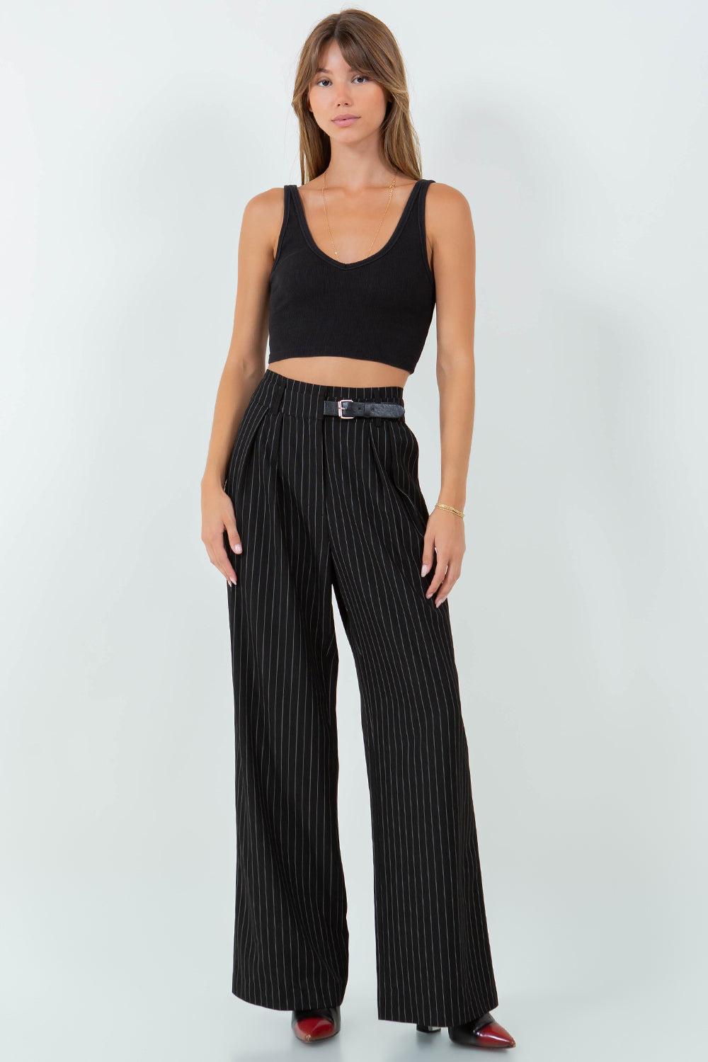 PINSTRIPE STRAIGHT LEG PANTS - BLACK