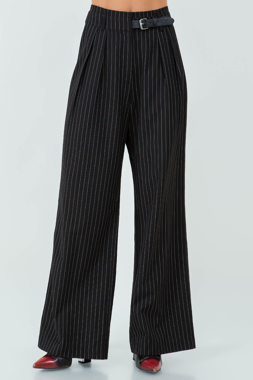 PINSTRIPE STRAIGHT LEG PANTS - BLACK