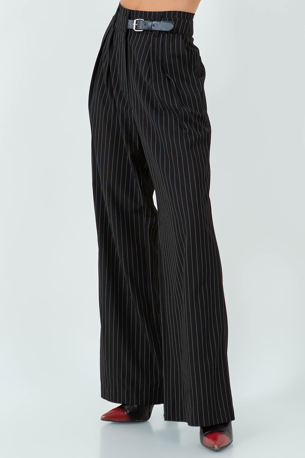 PINSTRIPE STRAIGHT LEG PANTS - BLACK