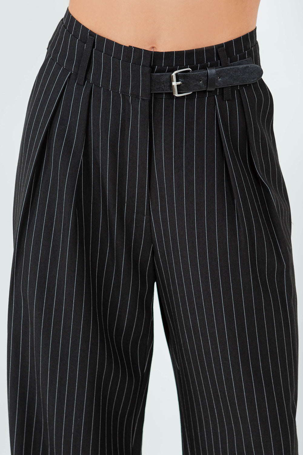 PINSTRIPE STRAIGHT LEG PANTS - BLACK