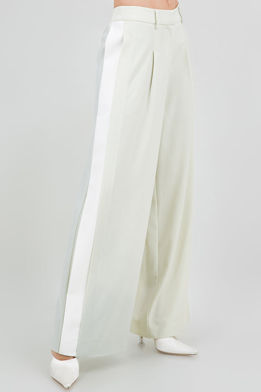 CONTRAST SIDE PANEL WIDE LEG SOFT WOVEN TROUSERS - LIME