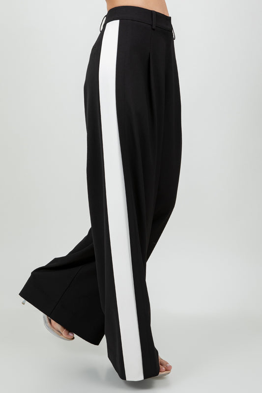 CONTRAST SIDE PANEL WIDE LEG SOFT WOVEN TROUSERS - BLACK