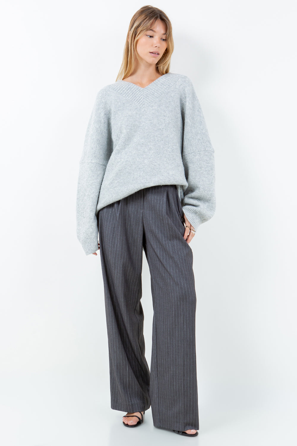 CONTRAST DOUBLE WAIST PINSTRIPE TROUSERS