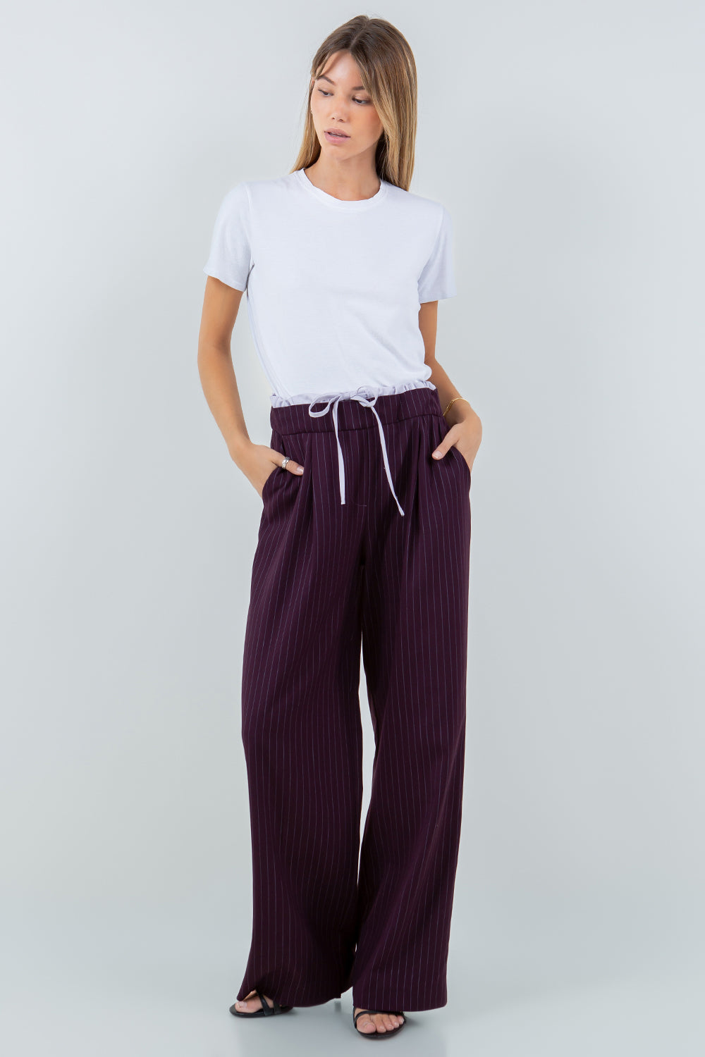 CONTRAST DOUBLE WAIST PINSTRIPE TROUSERS