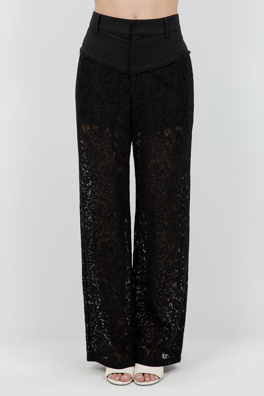WOVEN LACE COMBO STRAIGHT LEG TROUSERS