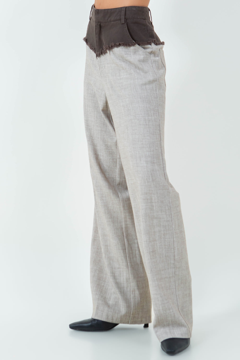 CONTRAST COTTON WAIST STRAIGHT LEG TROUSERS - BROWN COMBO