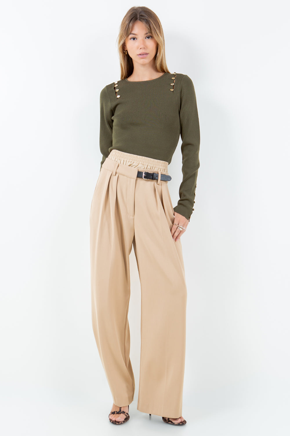 DOUBLE LAYERED BELT DETAIL PANTS