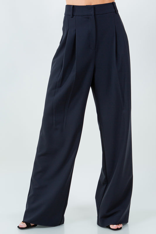 PLEAT DETAILED WOVEN STRAIGHT TROUSERS - DK NAVY