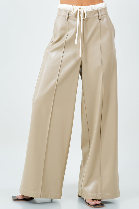 SATIN WAISTED STRAIGHT LEG PU LEATHER TROUSERS - SAND