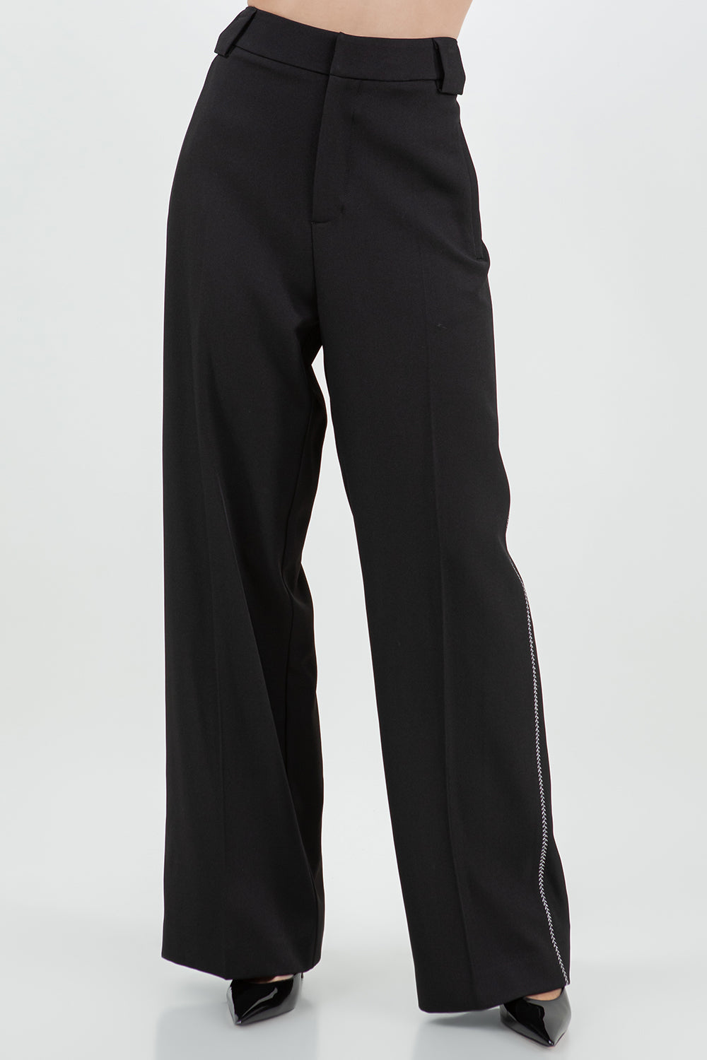 CONTRAST STITCH DETAILED STRAIGHT LEG TROUSERS - BLACK