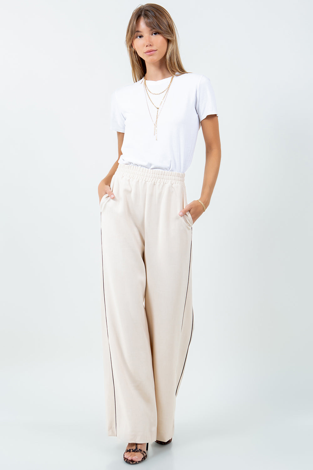 CONTRAST PIPING DETAILED STRAIGHT LEG TROUSERS - BEIGE