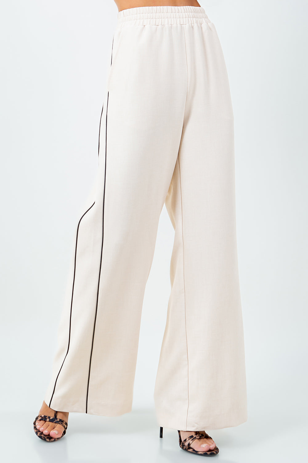 CONTRAST PIPING DETAILED STRAIGHT LEG TROUSERS - BEIGE