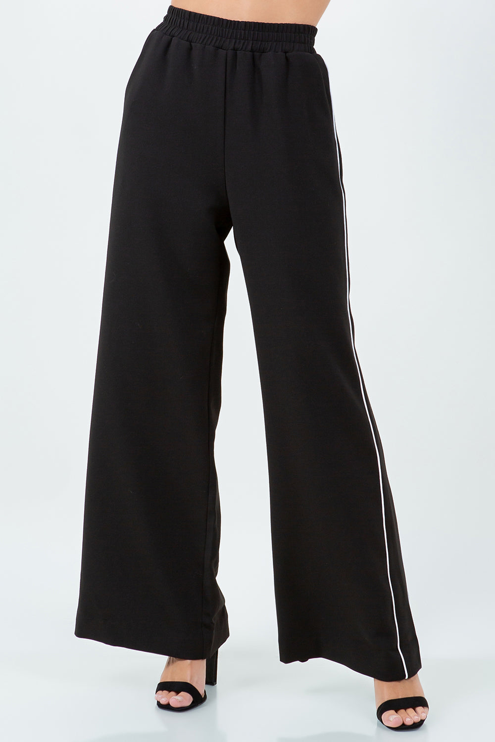 CONTRAST PIPING DETAILED STRAIGHT LEG TROUSERS - BLACK