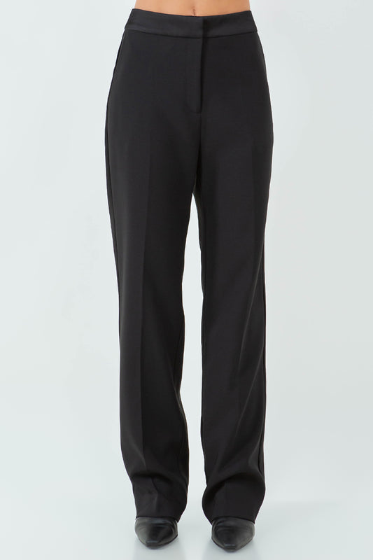 CONTRAST SATIN WAISTBAND STRAIGHT LEG TROUSERS - BLACK