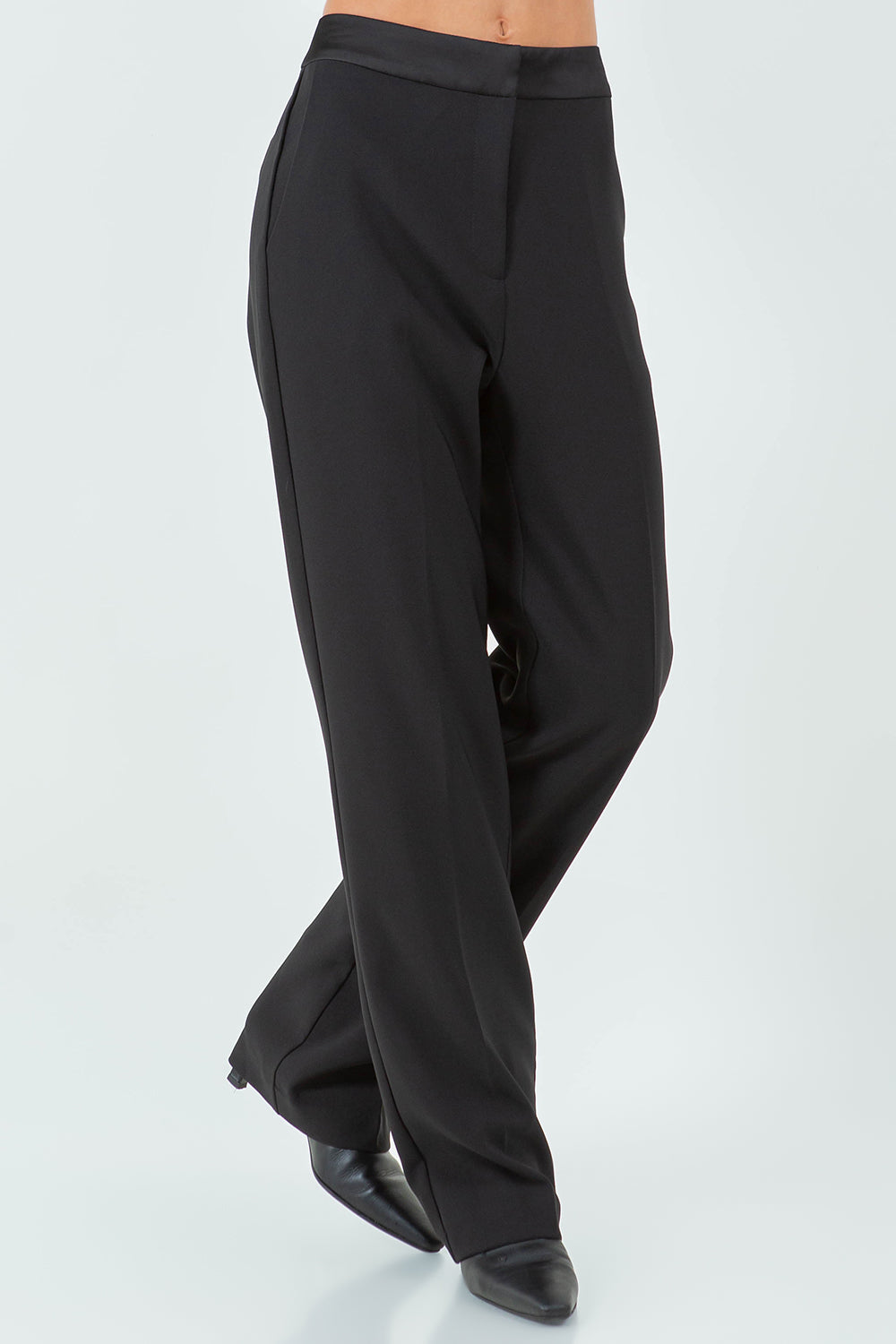 CONTRAST SATIN WAISTBAND STRAIGHT LEG TROUSERS - BLACK