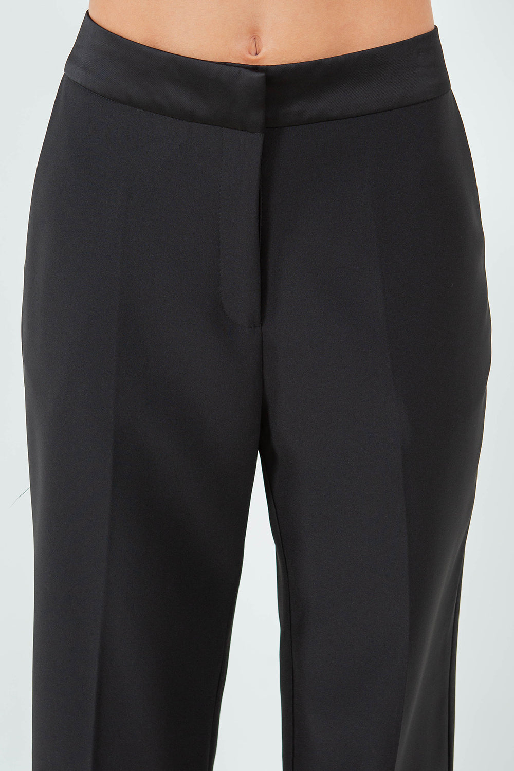 CONTRAST SATIN WAISTBAND STRAIGHT LEG TROUSERS - BLACK