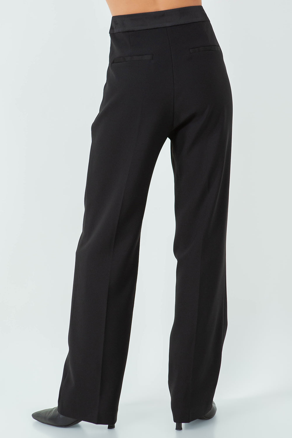 CONTRAST SATIN WAISTBAND STRAIGHT LEG TROUSERS - BLACK