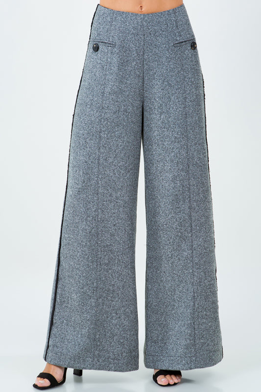 HERRINGBONE FRAY HEMMED WIDE LEG TROUSERS - GREY/BLACK