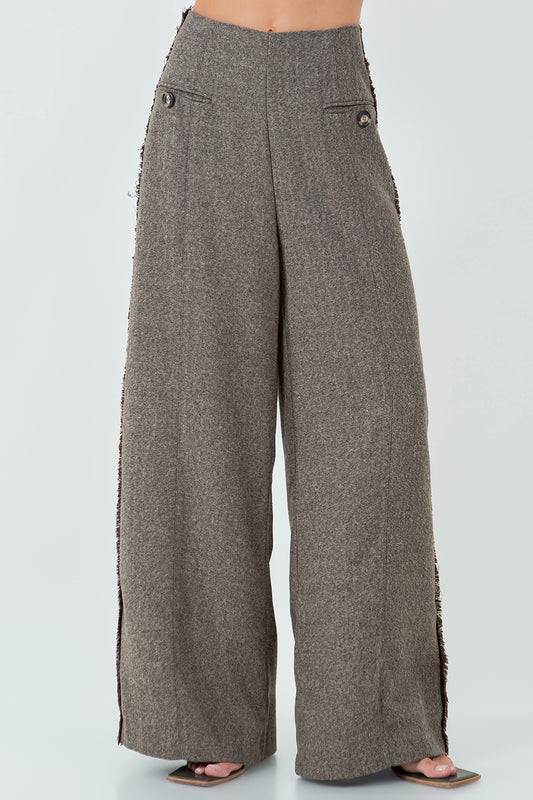 HERRINGBONE FRAY HEMMED WIDE LEG TROUSERS - MOCHA/BROWN