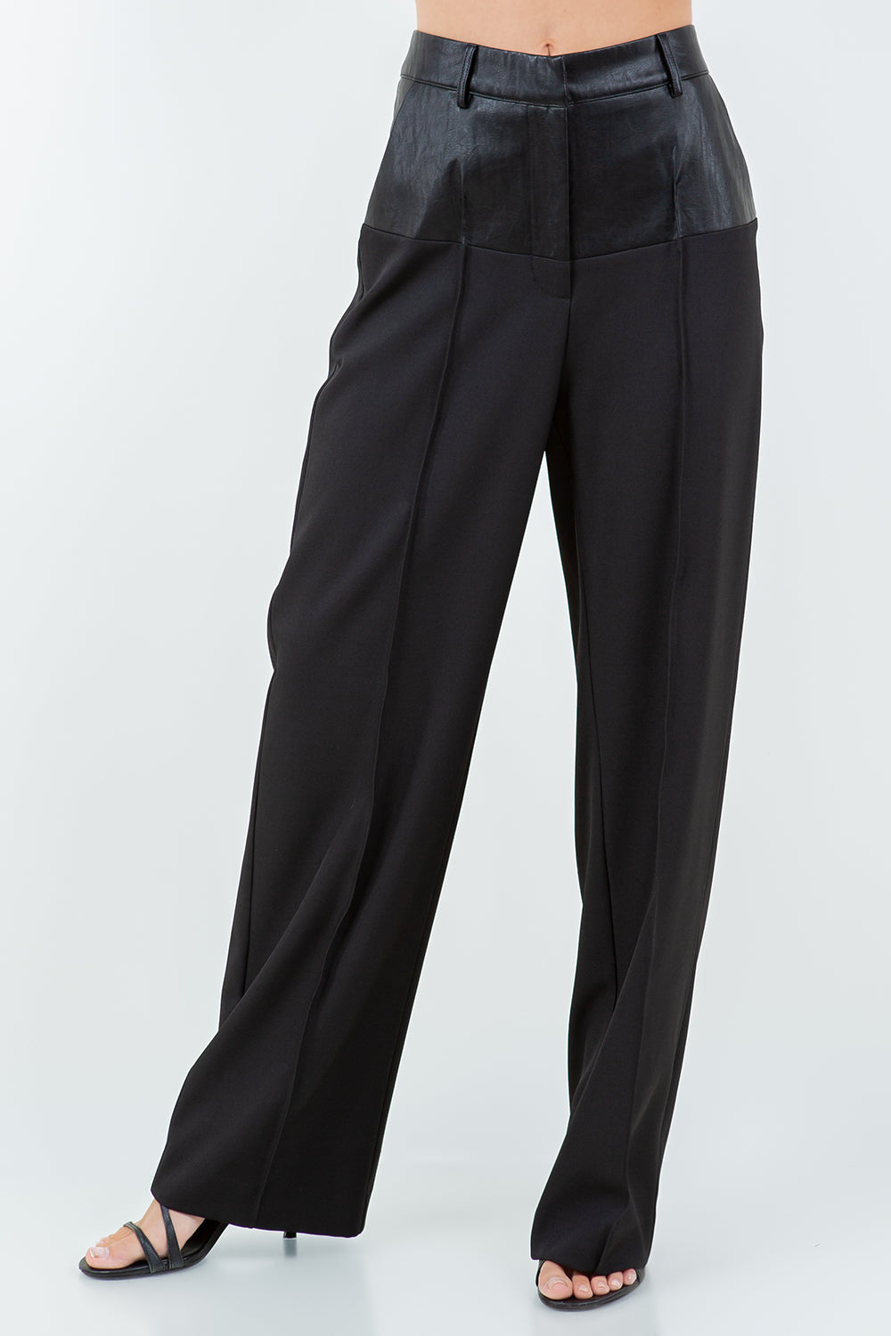 CONTRAST PU WAIST STRAIGHT LEG TROUSERS - BLACK COMBO