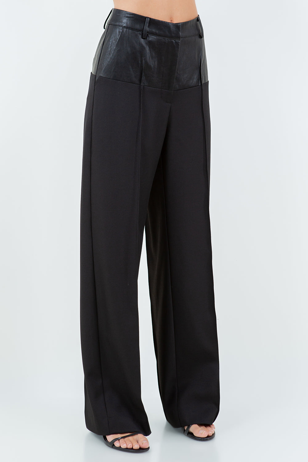 CONTRAST PU WAIST STRAIGHT LEG TROUSERS - BLACK COMBO