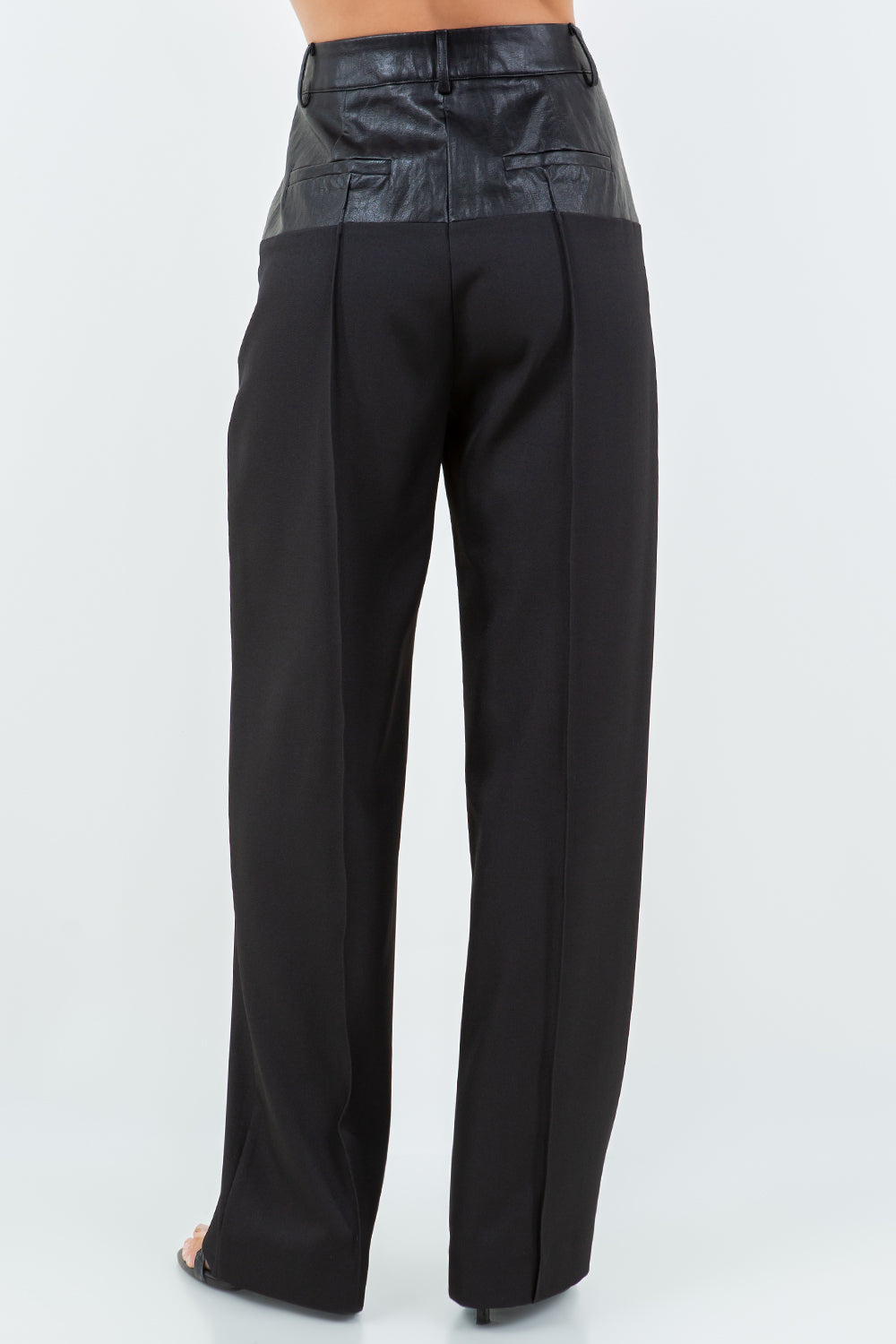 CONTRAST PU WAIST STRAIGHT LEG TROUSERS - BLACK COMBO
