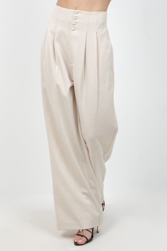 SOFT WOVEN FITTED WAIST PLEATED TROUSERS