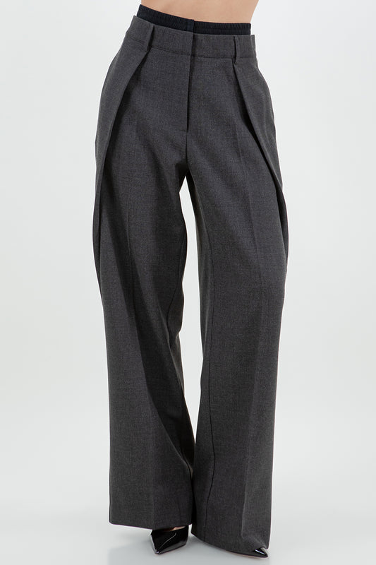 CONTRAST ELASTIC DOUBLE WAIST STRAIGHT LEG TROUSERS - CHARCOAL