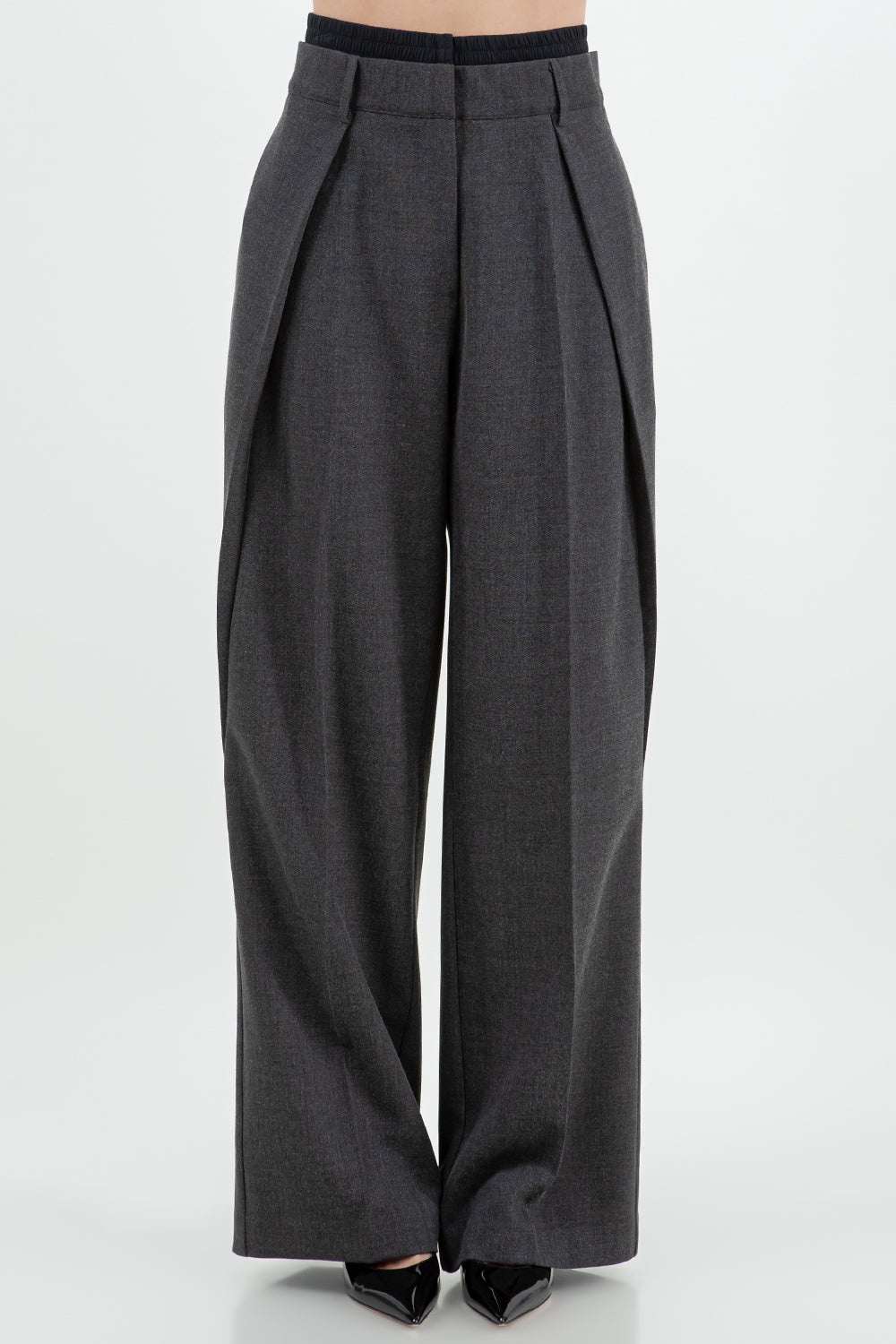 CONTRAST ELASTIC DOUBLE WAIST STRAIGHT LEG TROUSERS - CHARCOAL