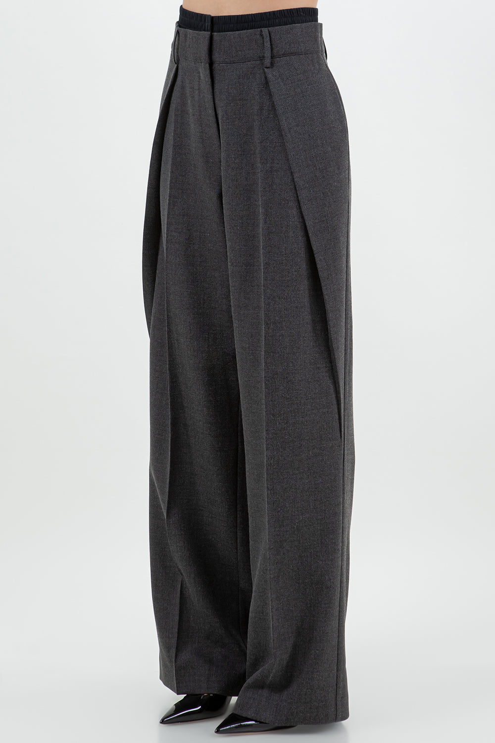 CONTRAST ELASTIC DOUBLE WAIST STRAIGHT LEG TROUSERS - CHARCOAL