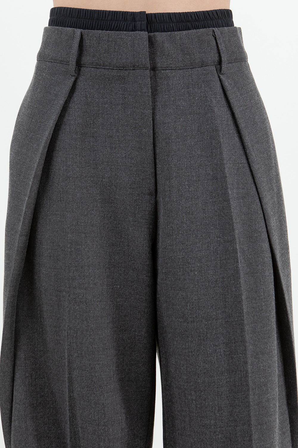 CONTRAST ELASTIC DOUBLE WAIST STRAIGHT LEG TROUSERS - CHARCOAL