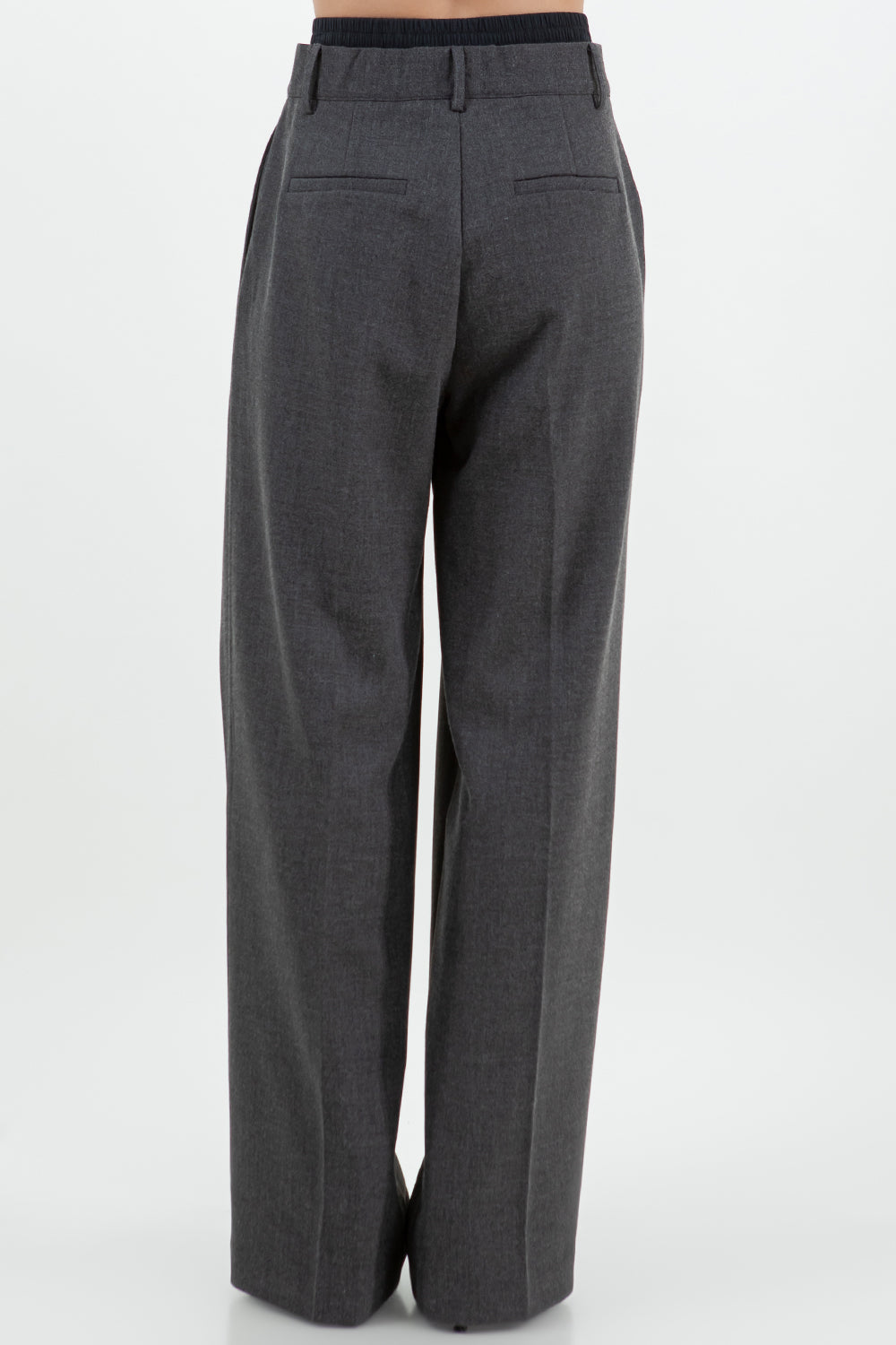 CONTRAST ELASTIC DOUBLE WAIST STRAIGHT LEG TROUSERS - CHARCOAL