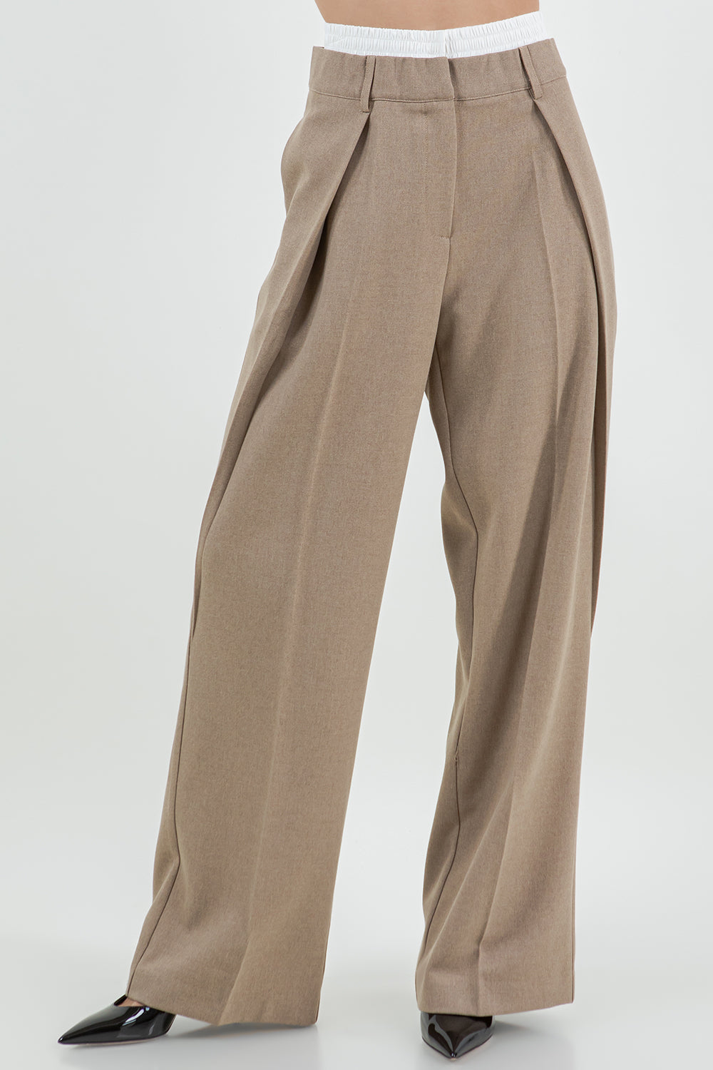 CONTRAST ELASTIC DOUBLE WAIST STRAIGHT LEG TROUSERS - BROWN