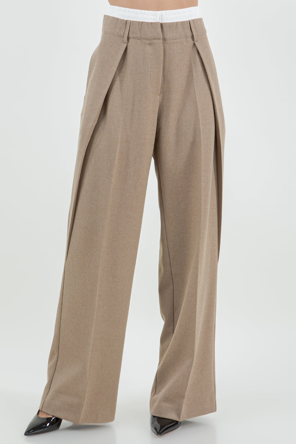 CONTRAST ELASTIC DOUBLE WAIST STRAIGHT LEG TROUSERS - BROWN