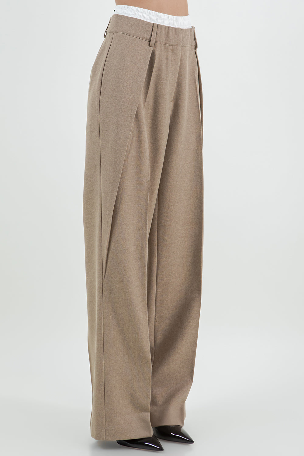 CONTRAST ELASTIC DOUBLE WAIST STRAIGHT LEG TROUSERS - BROWN