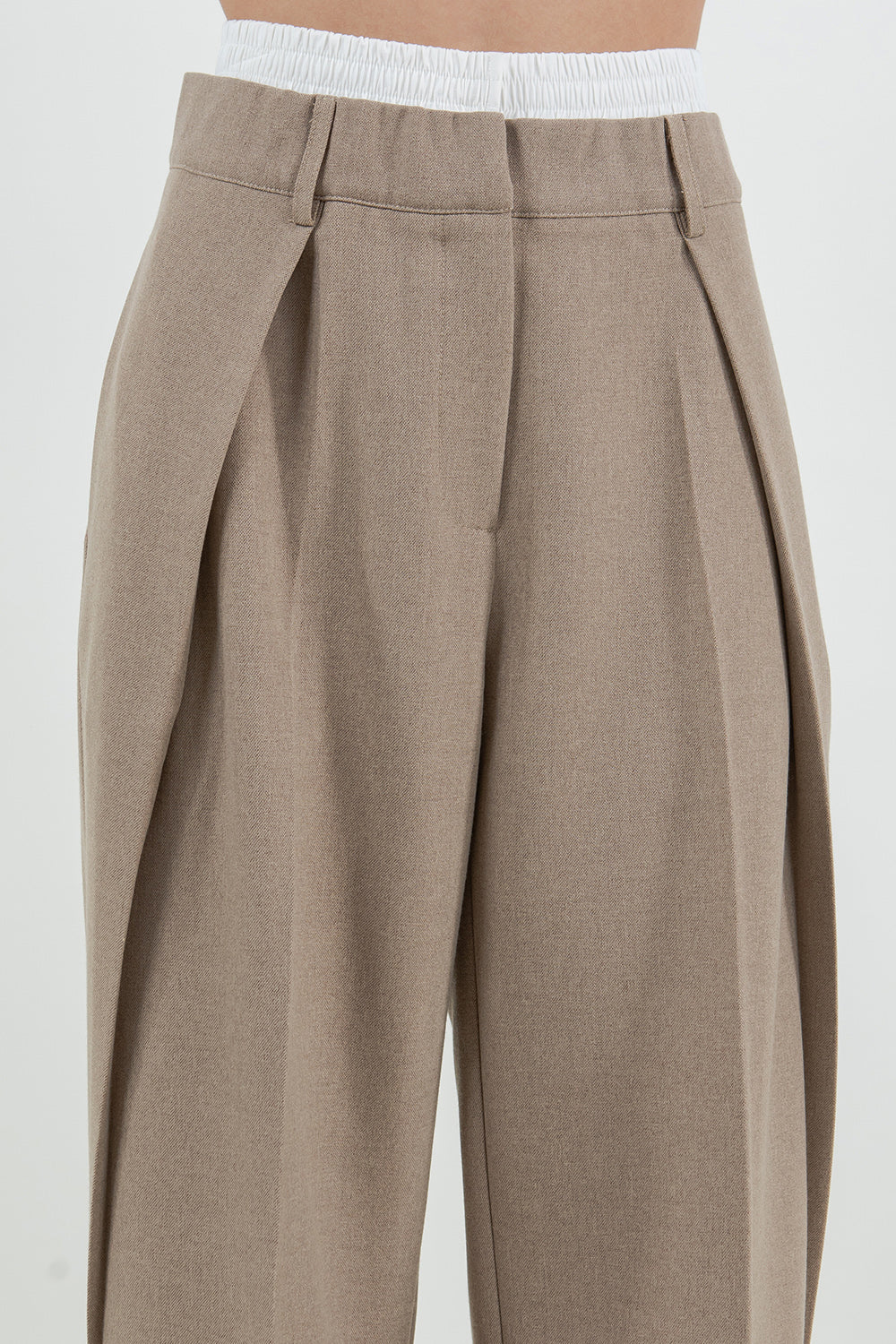 CONTRAST ELASTIC DOUBLE WAIST STRAIGHT LEG TROUSERS - BROWN