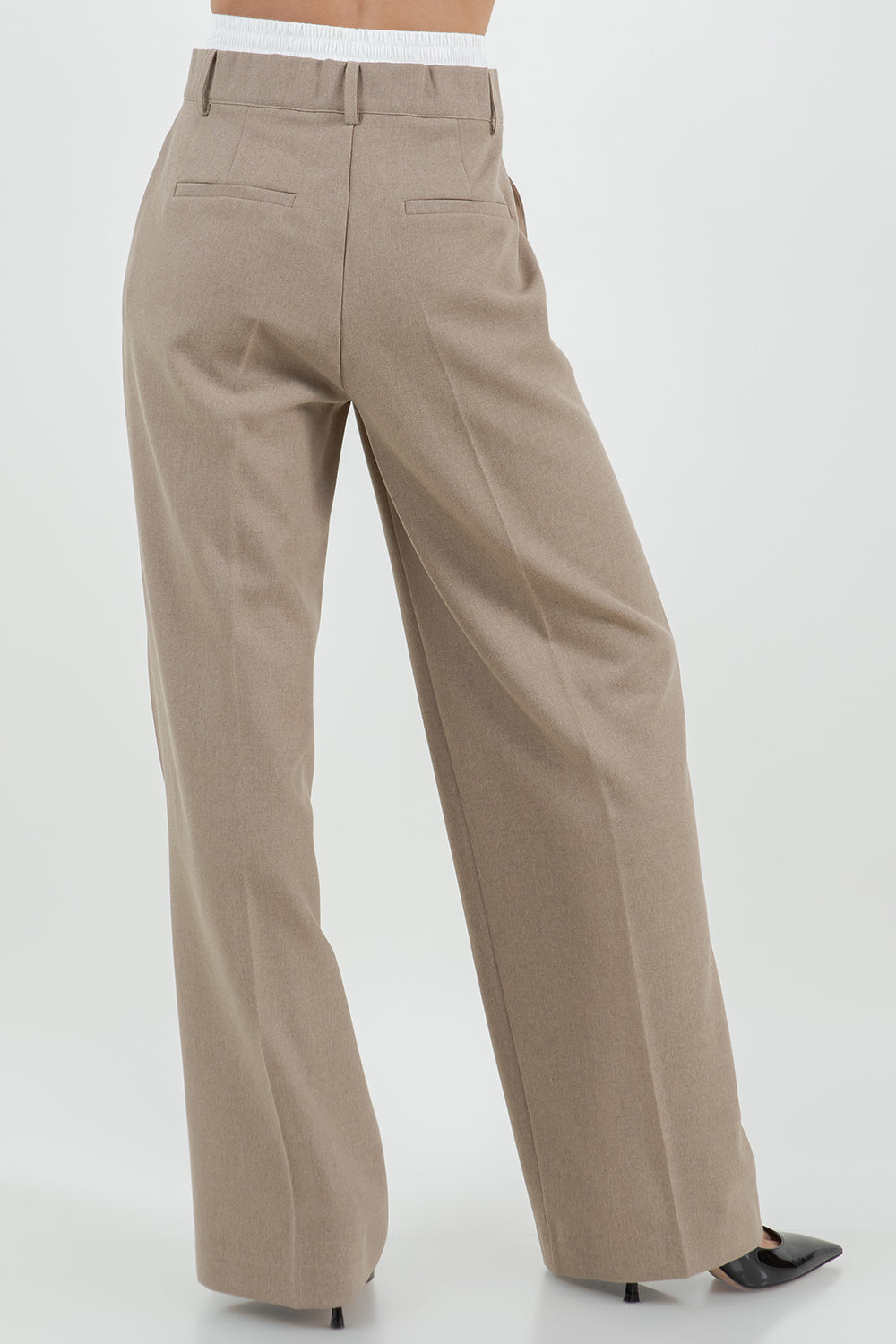 CONTRAST ELASTIC DOUBLE WAIST STRAIGHT LEG TROUSERS - BROWN