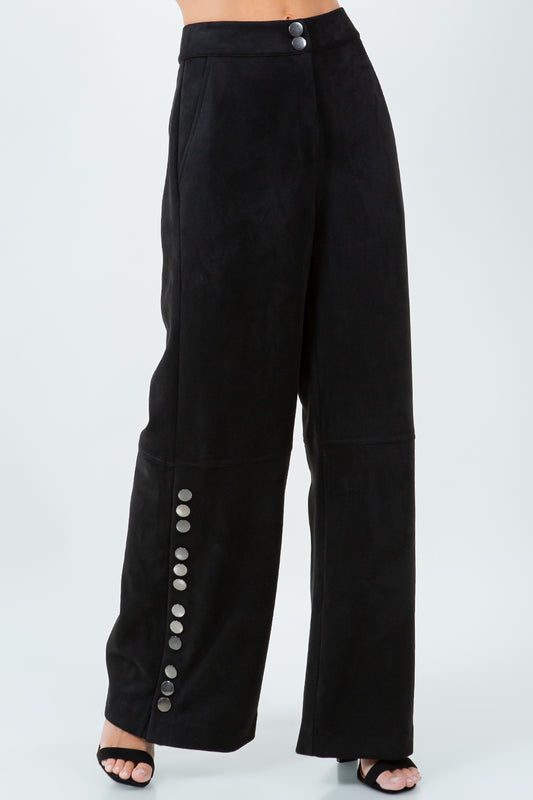 SIDE SNAP BUTTON DETAILED SUEDE LONG PANTS - BLACK