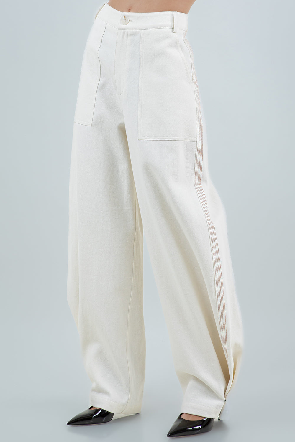 CONTRAST THREADED SNAP BOTTOM MULTI WEAR PANTS - CREAM