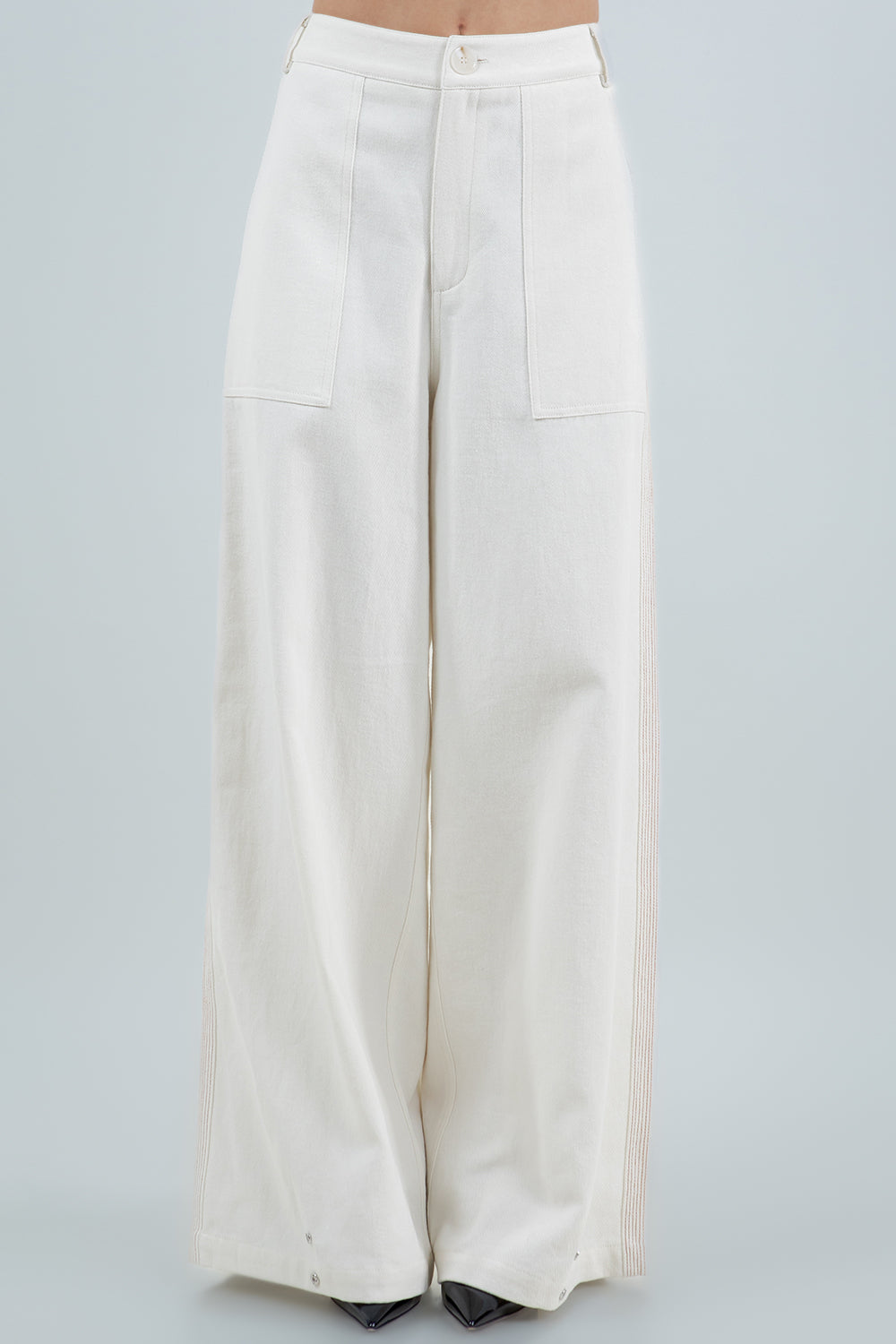 CONTRAST THREADED SNAP BOTTOM MULTI WEAR PANTS - CREAM