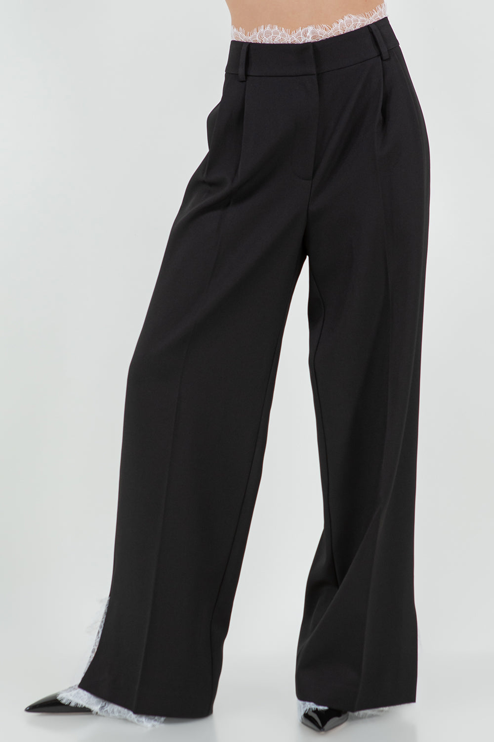 CONTRAST LACE TRIMMED DETAILED STRAIGHT LEG TROUSERS - BLACK